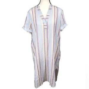 Casa Cabana Womens Linen Shift Dress Size M Striped Short Sleeve Midi Coastal